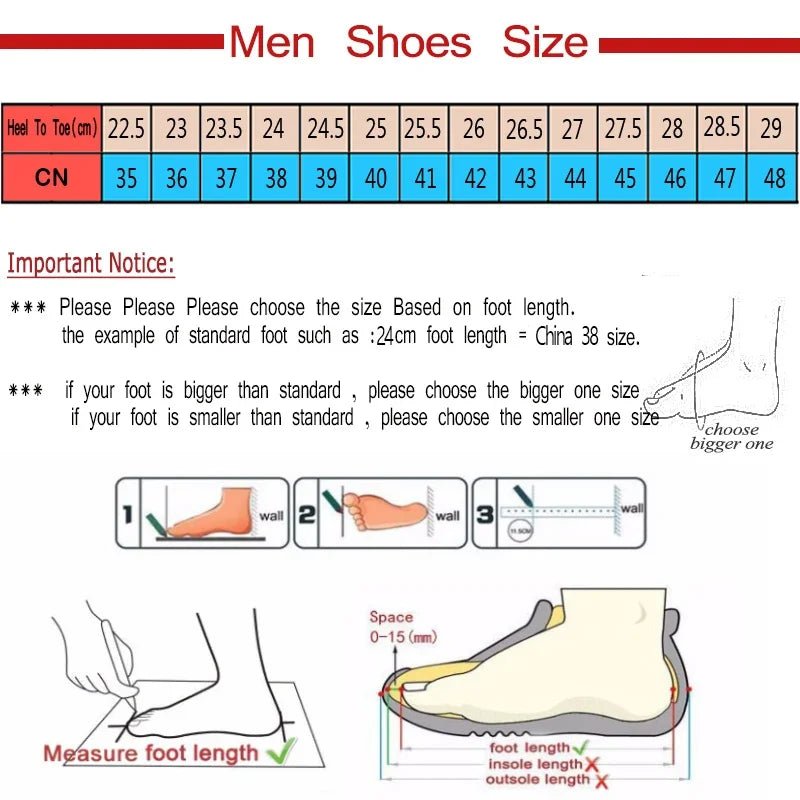 Men's shoe size chart with heel-to-toe to CN size conversion table