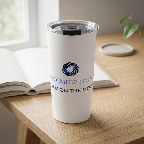 White insulated travel tumbler with KoolMedz Living logo and clear screw-top lid