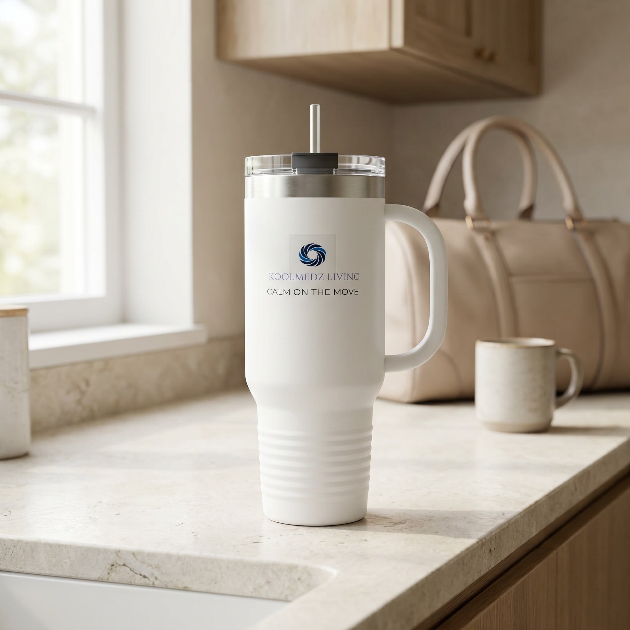 White insulated travel mug with straw lid, front logo, and ribbed base