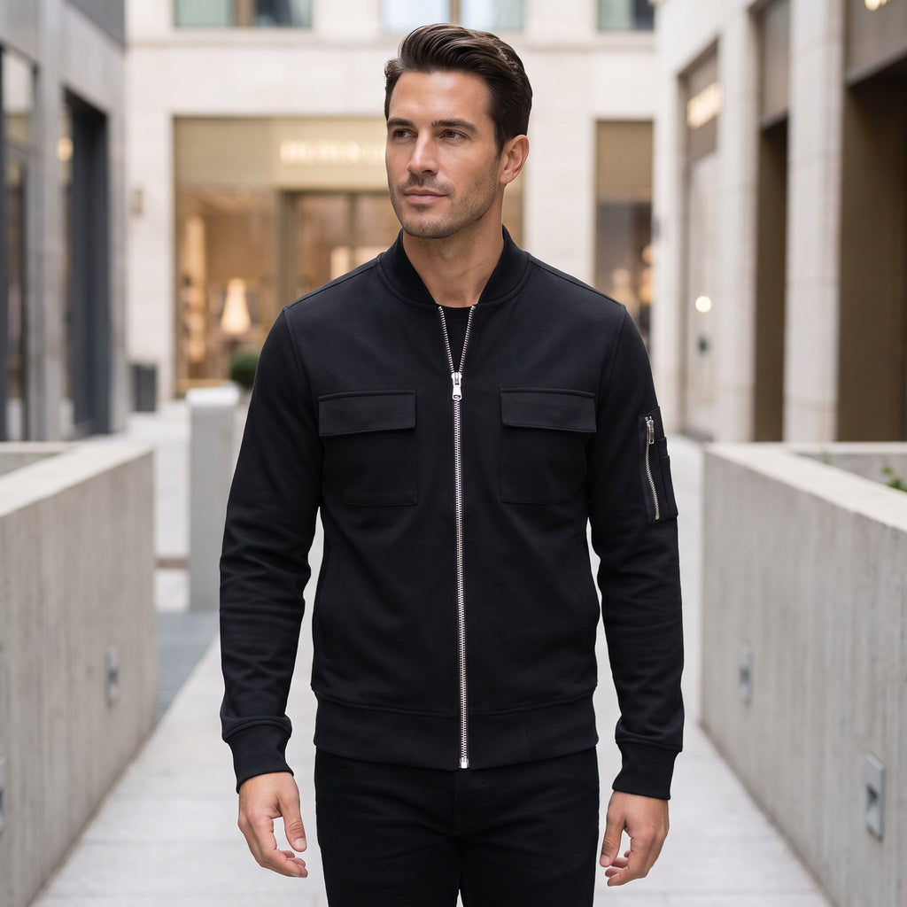 Men's cotton zip-front jacket in dark color with chest pockets and full zipper