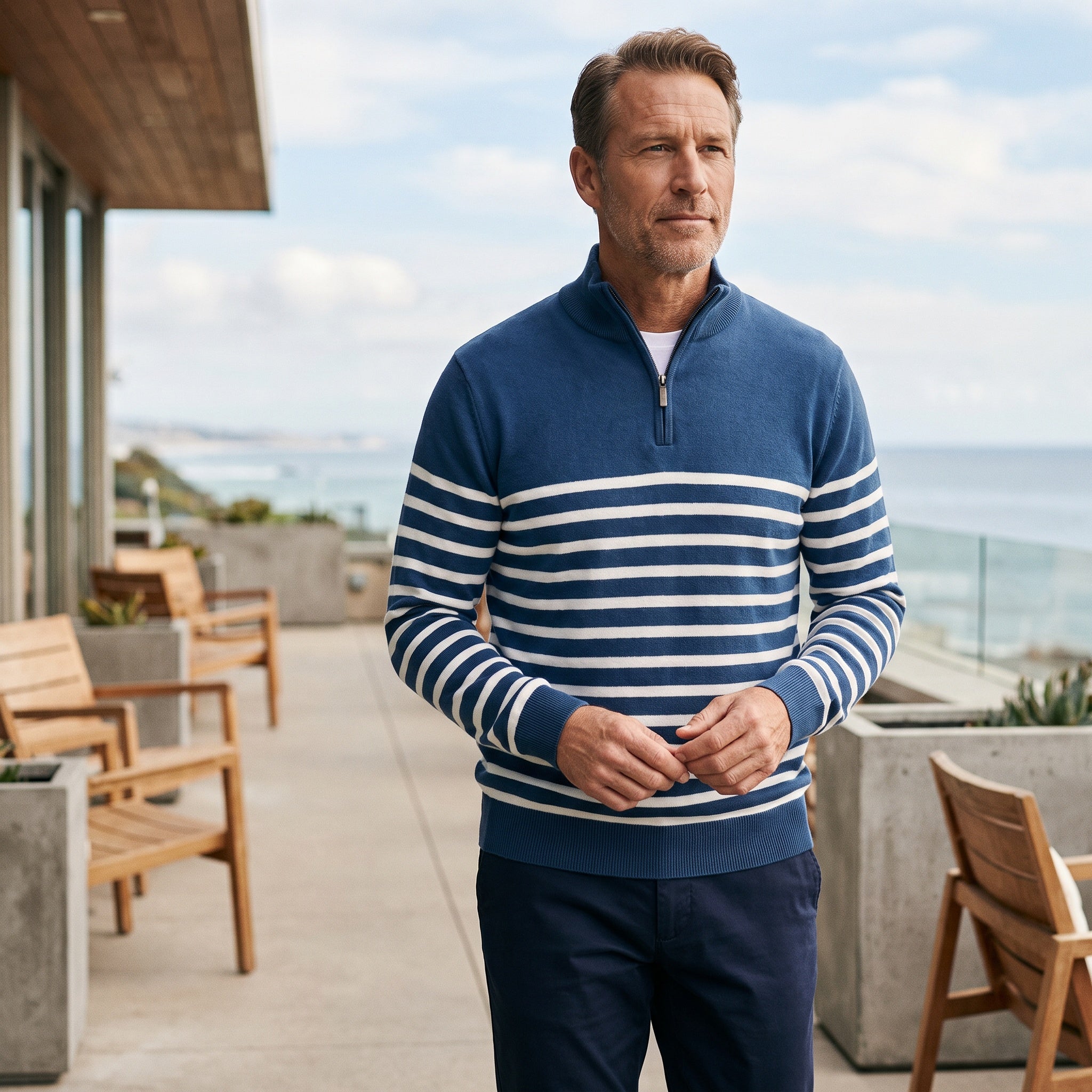 Men's blue quarter-zip pullover sweater jacket with dark-and-light striped yoke