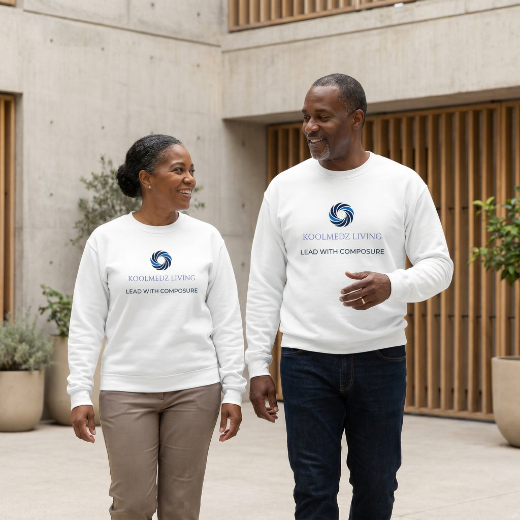 White unisex sweatshirt with blue swirl logo and chest text print