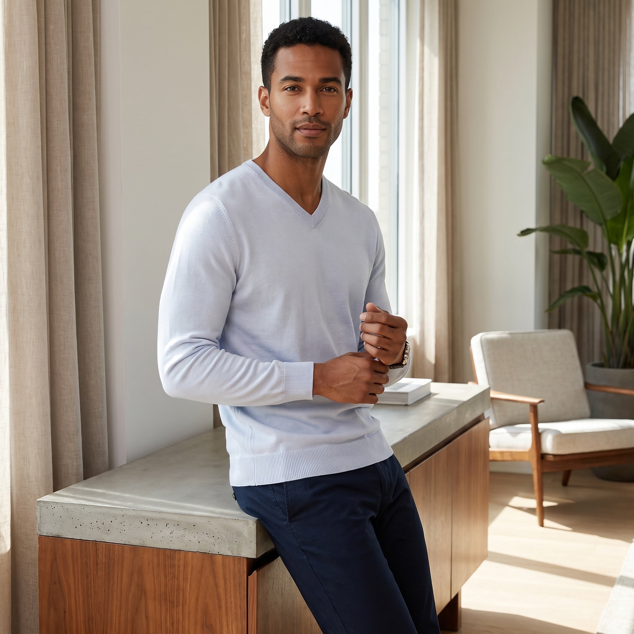 Men's solid V-neck sweater, pale blue, long sleeves, ribbed cuffs and hem