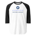 A 3/4 sleeve raglan baseball t-shirt with a white body and black sleeves, featuring a blue and white 'Koolmedz Living Restore & Renew' logo printed on the chest, shown on a plain white background.