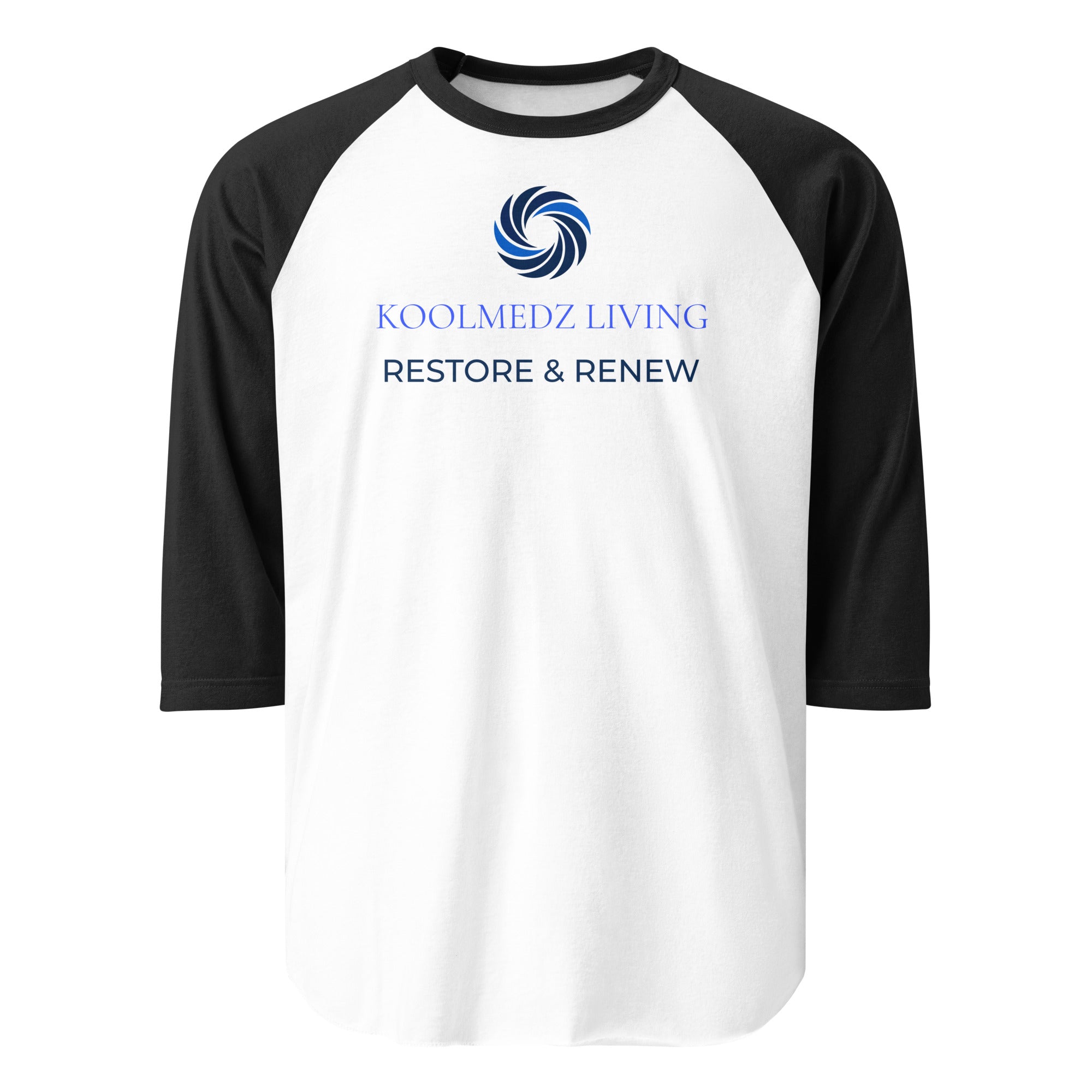 A 3/4 sleeve raglan baseball t-shirt with a white body and black sleeves, featuring a blue and white 'Koolmedz Living Restore & Renew' logo printed on the chest, shown on a plain white background.