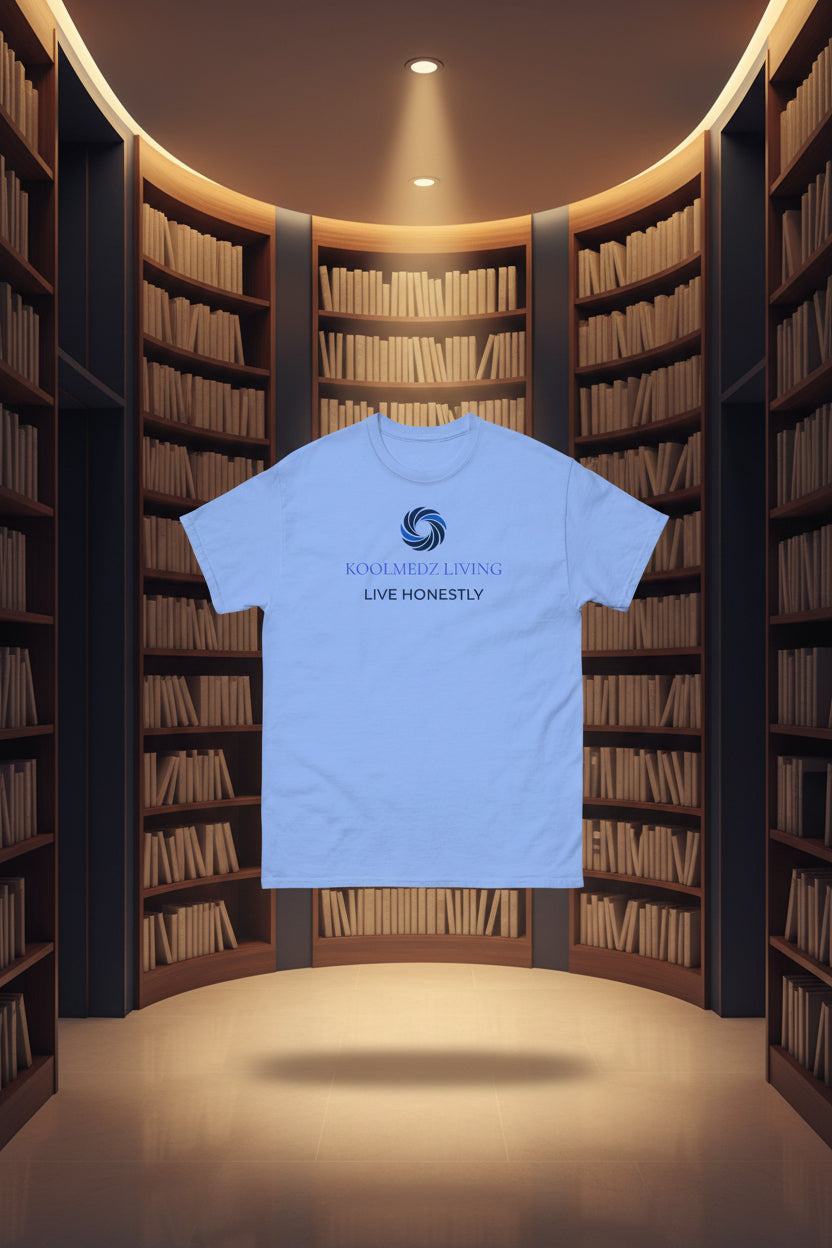 A light blue short-sleeve crewneck t-shirt with a dark blue and black circular logo and the text 'KOOLMEDZ LIVING' and 'LIVE HONESTLY' printed on the chest, displayed against a solid white background.