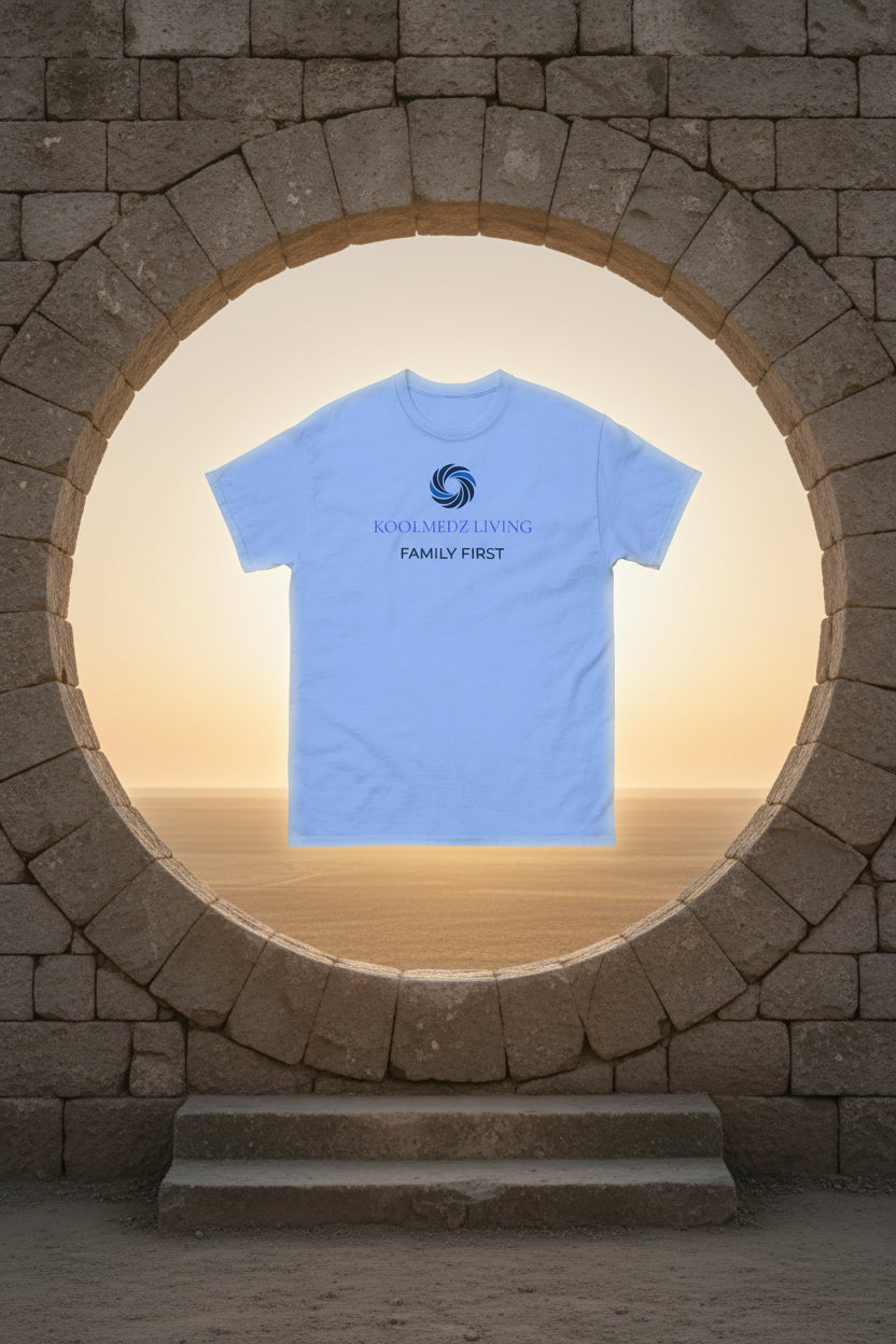 Light blue t-shirt with red text on a white background