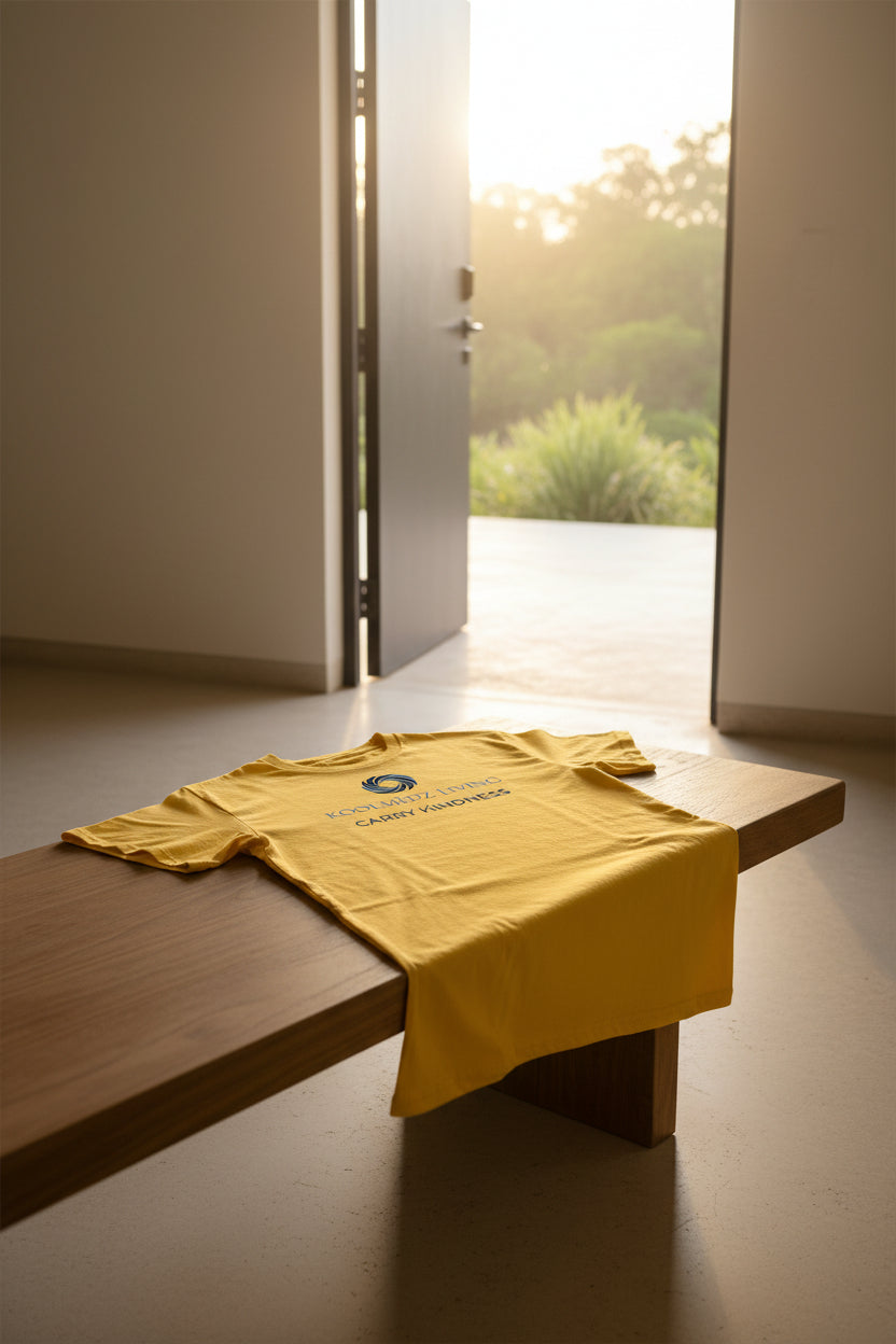 A yellow short-sleeve crewneck t-shirt with a blue and navy graphic on the chest featuring a swirl logo and the text 'KOOLMEDZ LIVING' and 'CARRY KINDNESS'.