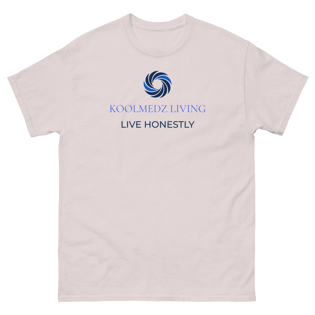 A light beige crewneck t-shirt with a blue and navy graphic on the chest featuring a swirl logo and the text 'KOOLMEDZ LIVING' and 'LIVE HONESTLY'.