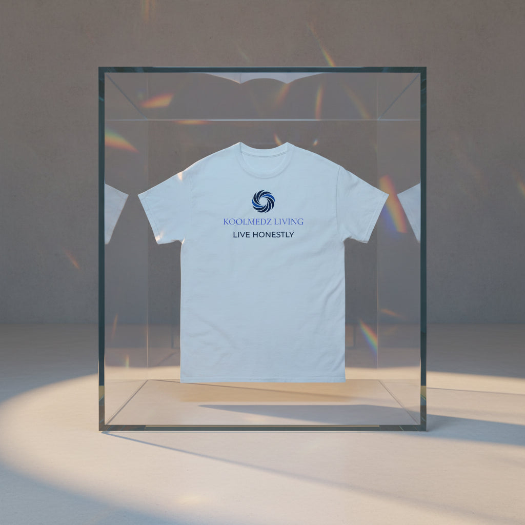 A light blue short-sleeve crewneck t-shirt with a blue and navy graphic on the chest featuring a swirl logo and the text 'KOOLMEDZ LIVING' and 'LOVE DEEPLY'.