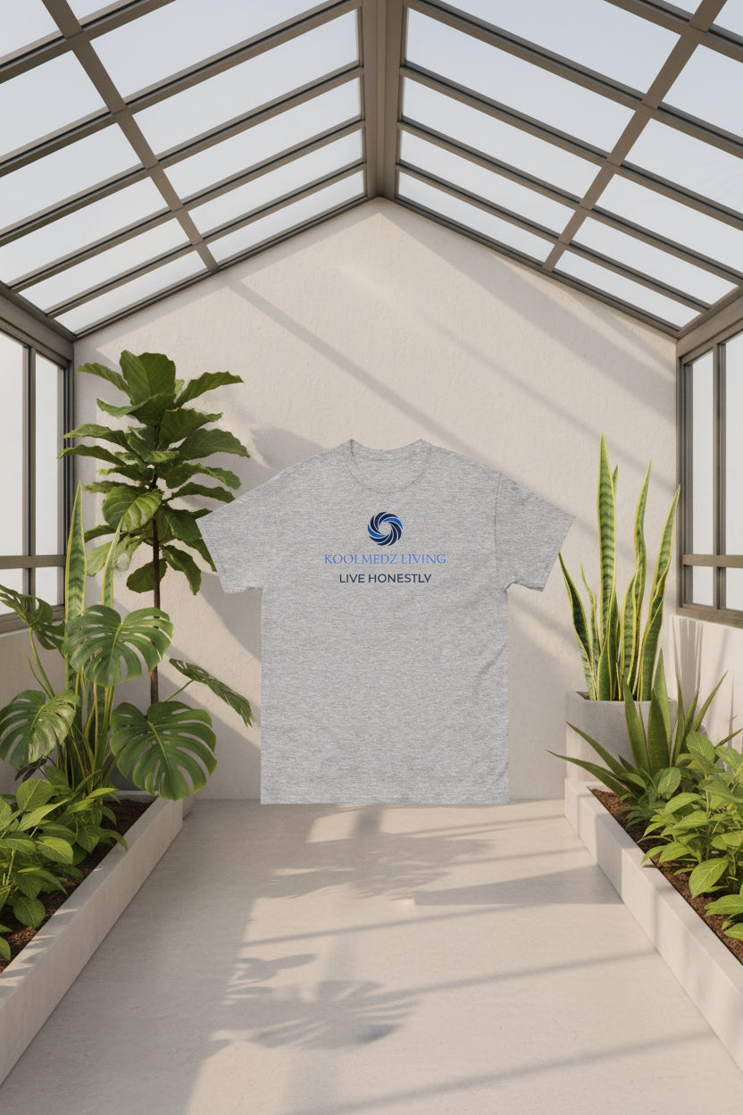 A heather gray short-sleeve crewneck t-shirt featuring a blue and navy circular logo and the text 'KOOLMEDZ LIVING' and 'LIVE HONESTLY' printed on the chest.