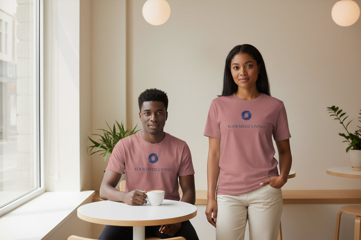 Unisex fitted CVC T-shirt in mauve, crew neck, back KOOLMEDZ LIVING logo