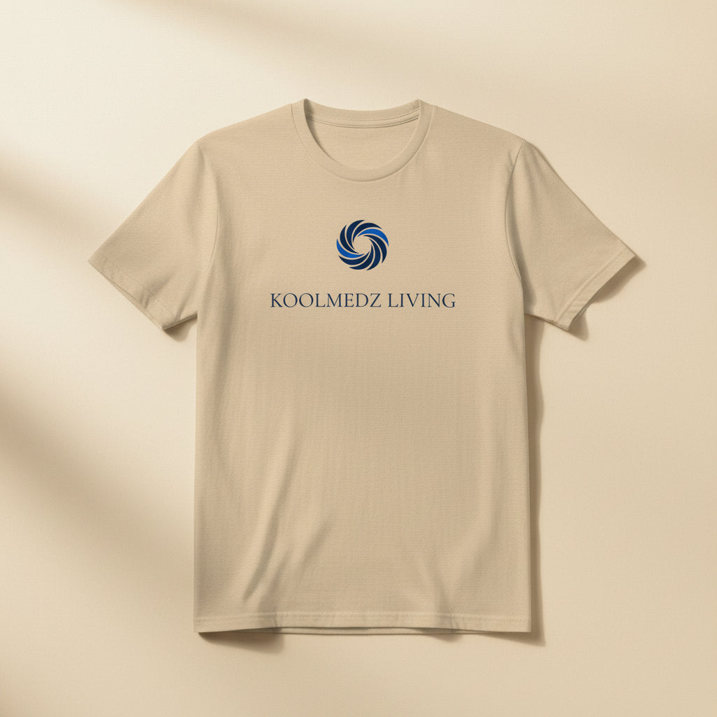 Unisex fitted CVC T-shirt in beige, crew neck, back KOOLMEDZ LIVING logo