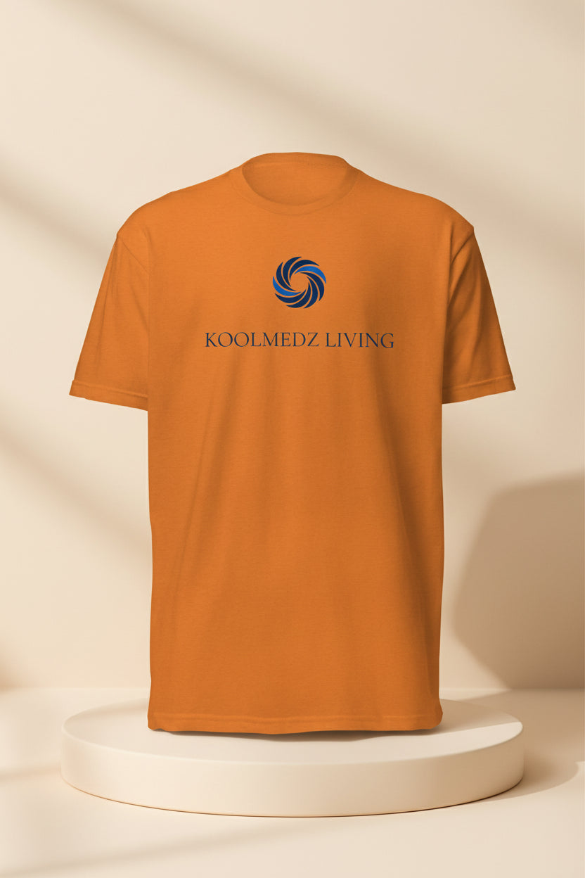 Unisex fitted CVC T-shirt in orange, crew neck, back KOOLMEDZ LIVING logo