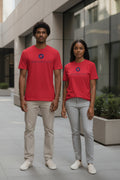 Unisex fitted CVC T-shirt in red, crew neck, front KOOLMEDZ LIVING logo