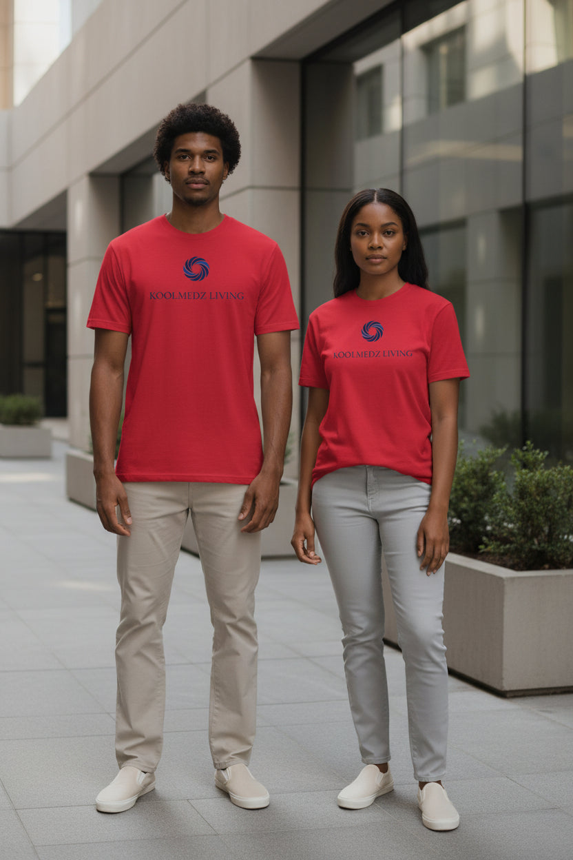 Unisex fitted CVC T-shirt in red, crew neck, front KOOLMEDZ LIVING logo