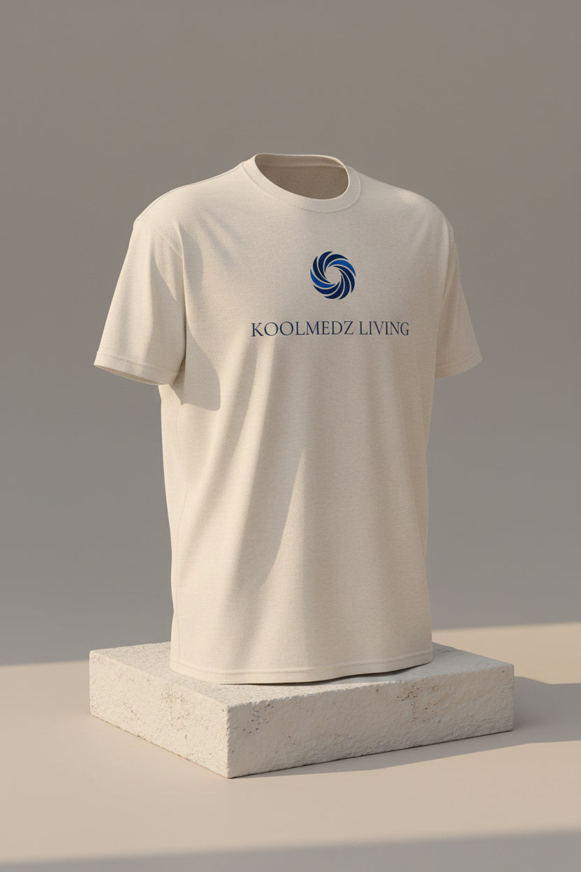 Unisex fitted CVC T-shirt in light heather, crew neck, back KOOLMEDZ LIVING logo