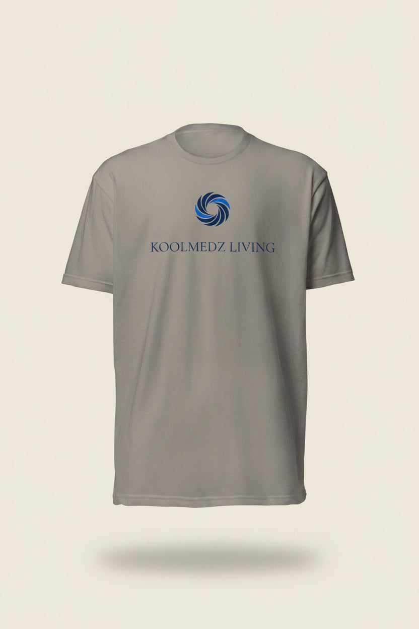 Unisex fitted CVC T-shirt in light gray, crew neck, back KOOLMEDZ LIVING logo