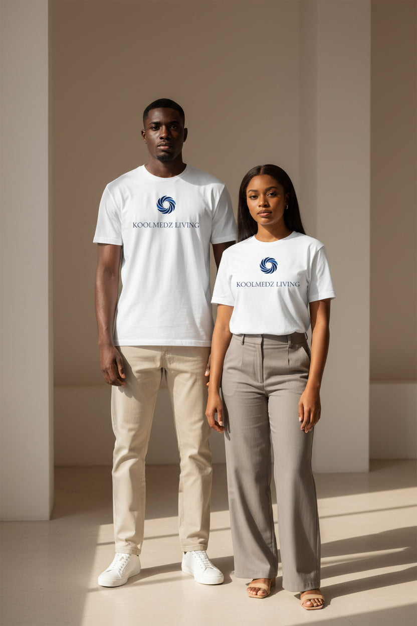 Unisex fitted CVC T-shirt in white, crew neck, front KOOLMEDZ LIVING logo