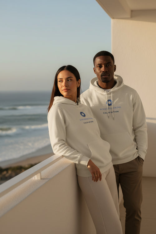 Unisex organic hoodie in light beige with kangaroo pocket and drawstring hood