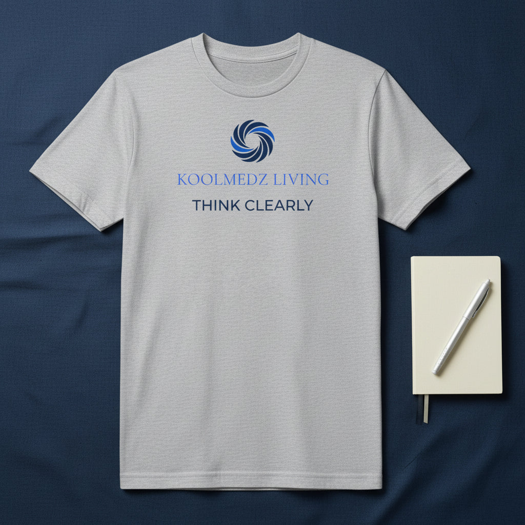 A  heather gray short-sleeve crewneck t-shirt featuring a blue and navy graphic on the chest with the text 'KOOLMEDZ LIVING' and 'THINK CLEARLY'.