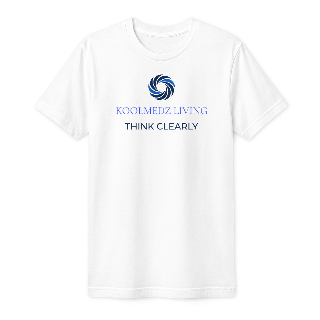A white short-sleeve crewneck t-shirt with a blue circular logo and the text 'KOOLMEDZ LIVING' and 'THINK CLEARLY' printed on the chest, displayed on a clean white background.