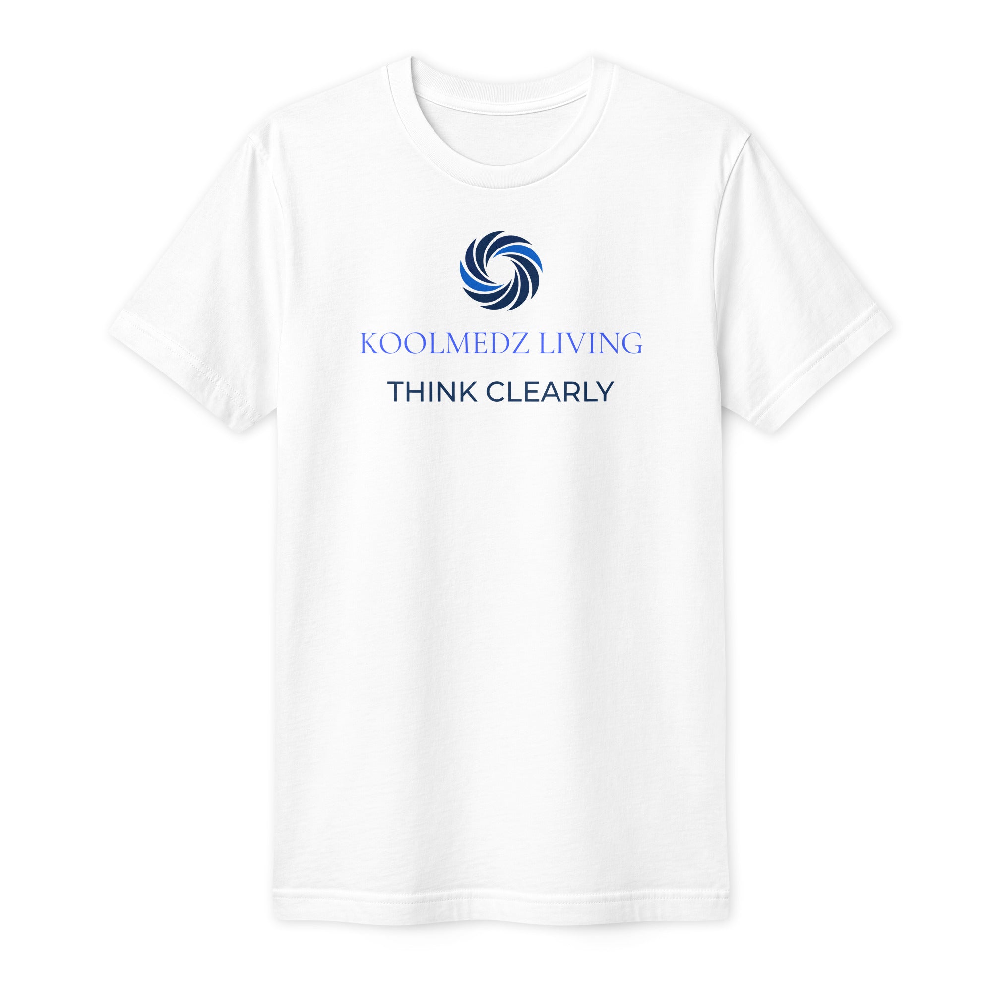 A white short-sleeve crewneck t-shirt with a blue circular logo and the text 'KOOLMEDZ LIVING' and 'THINK CLEARLY' printed on the chest, displayed on a clean white background.