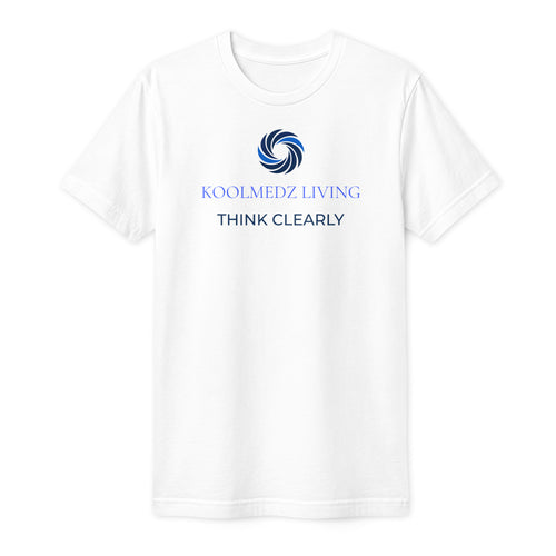 A white short-sleeve crewneck t-shirt with a blue circular logo and the text 'KOOLMEDZ LIVING' and 'THINK CLEARLY' printed on the chest, displayed on a clean white background.