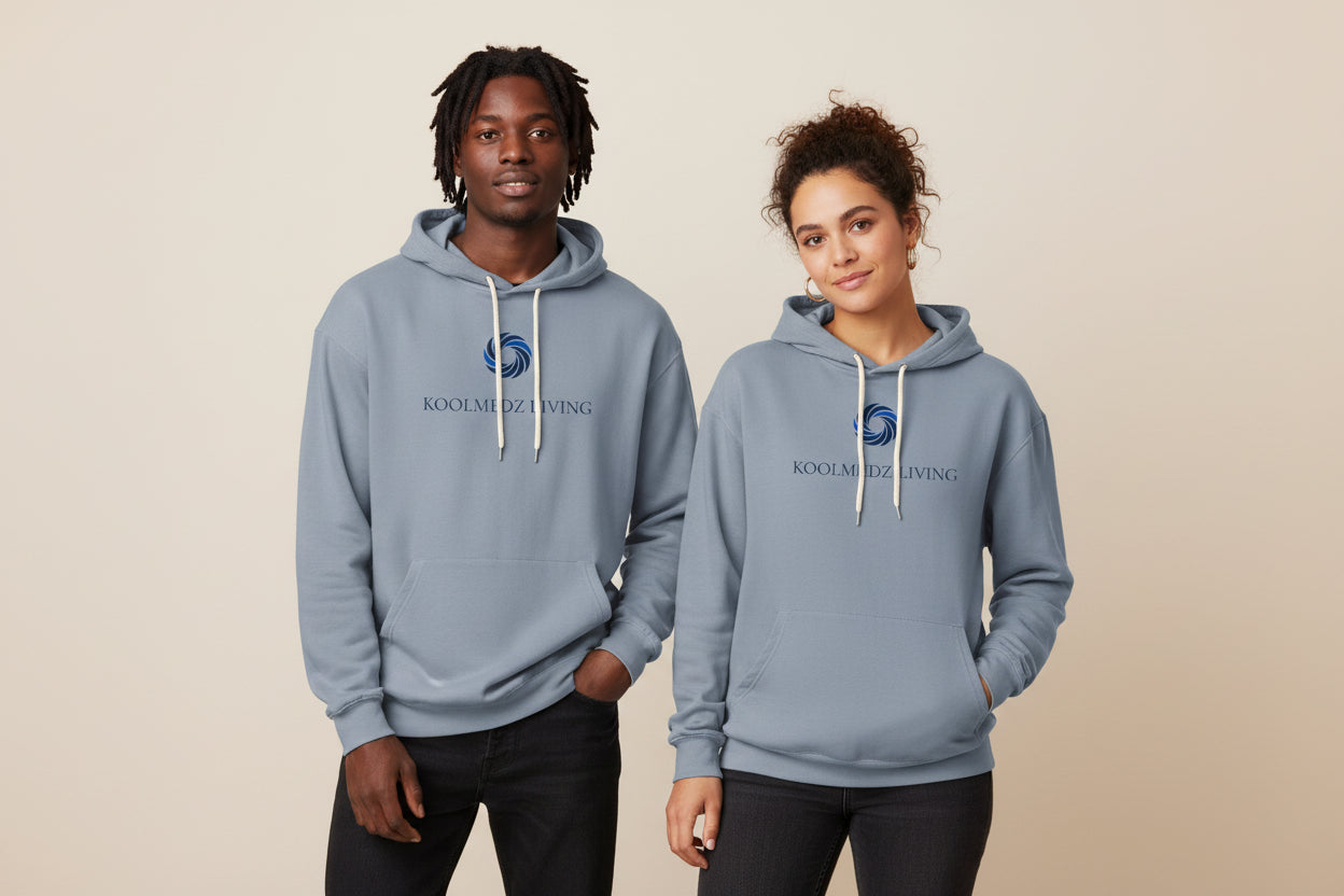 Unisex lightweight hoodie in dusty blue with front pouch pocket and adjustable hood