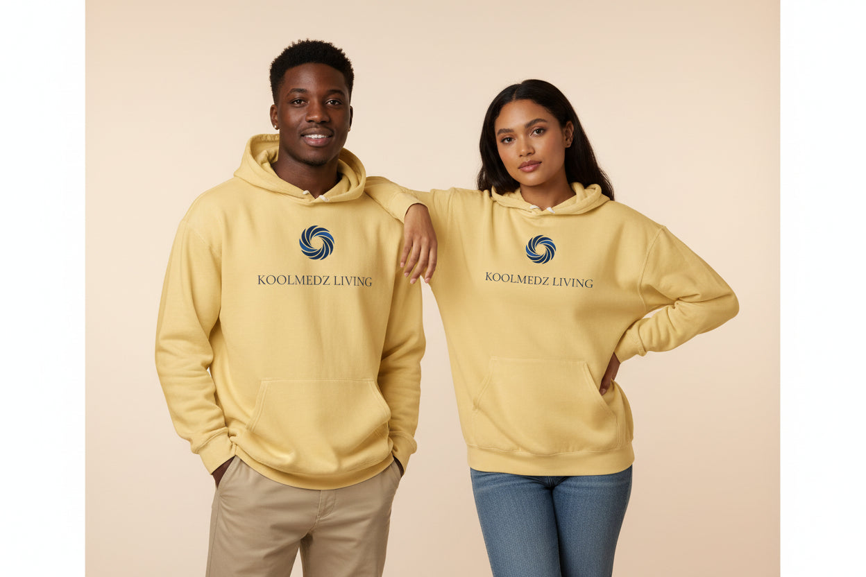 Unisex lightweight hoodie in mustard yellow with front pouch pocket and hood