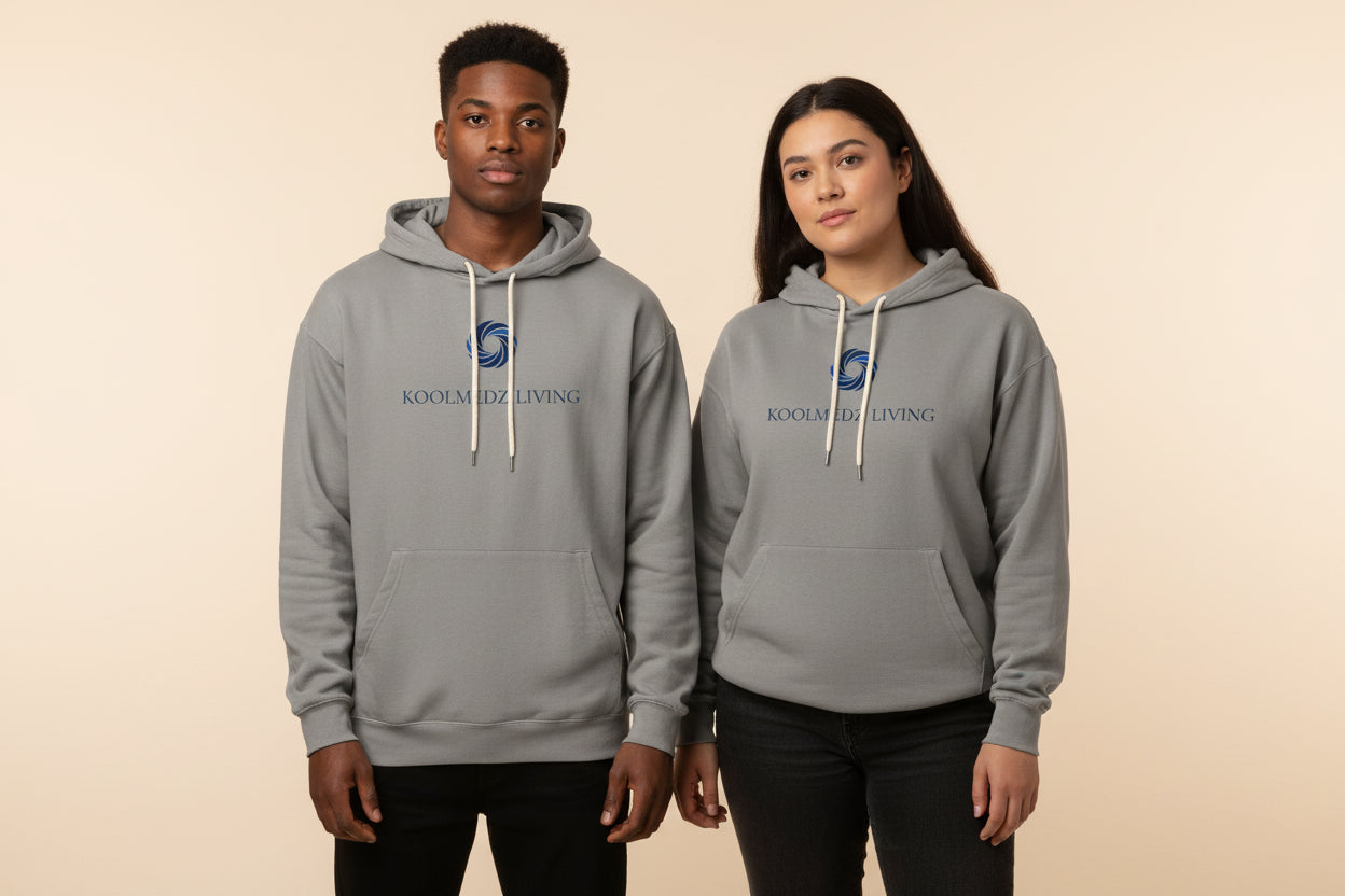 Unisex lightweight hoodie in medium gray with front pouch pocket and drawstring hood