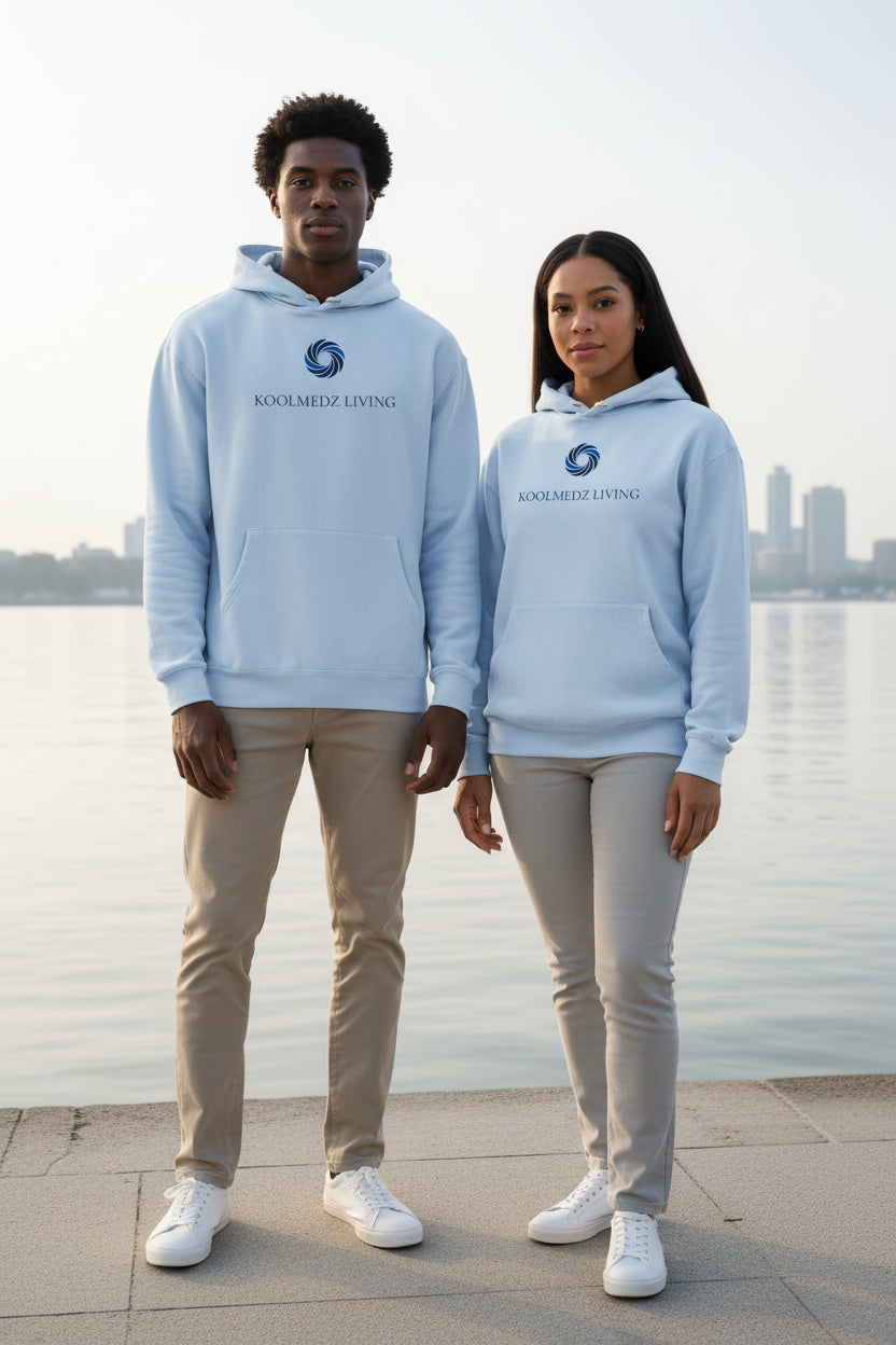 Unisex lightweight hoodie in light blue with front pouch pocket and hood