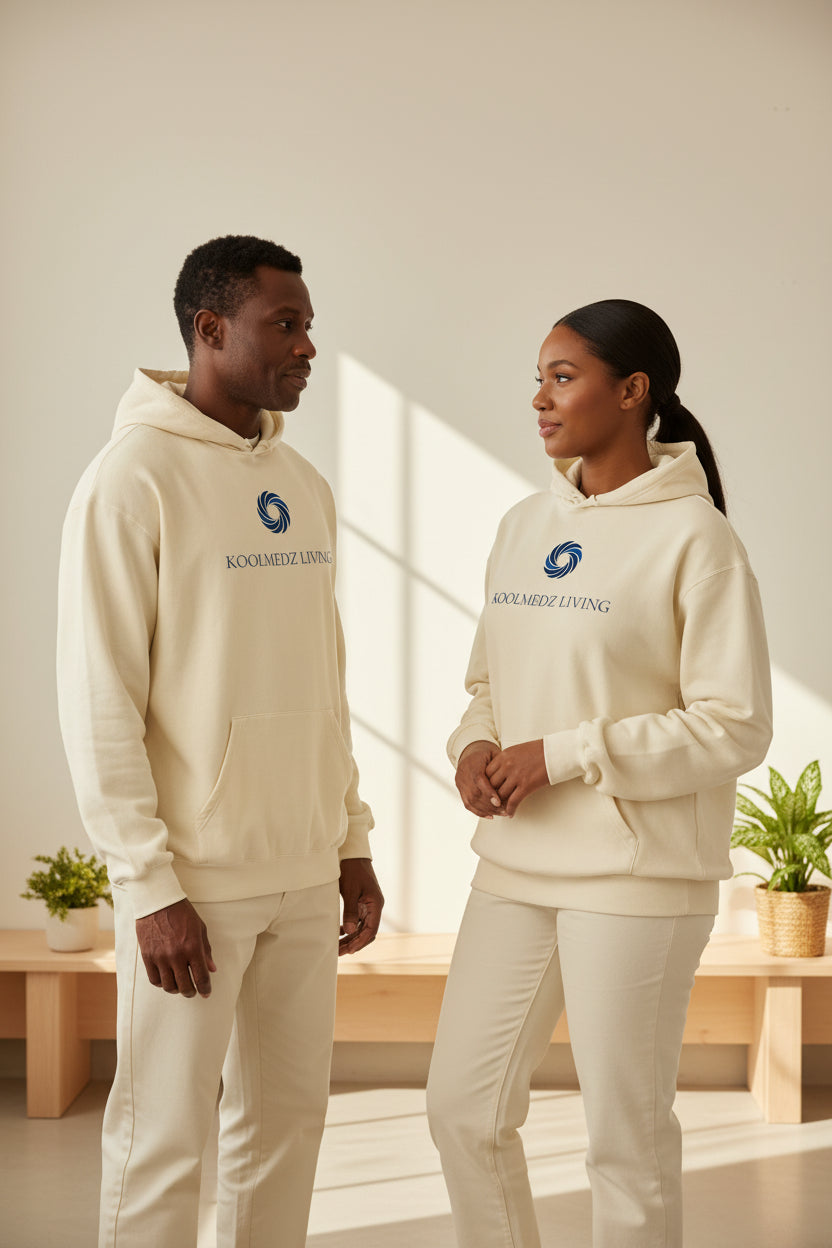 Unisex lightweight hoodie in cream with front pouch pocket and adjustable hood