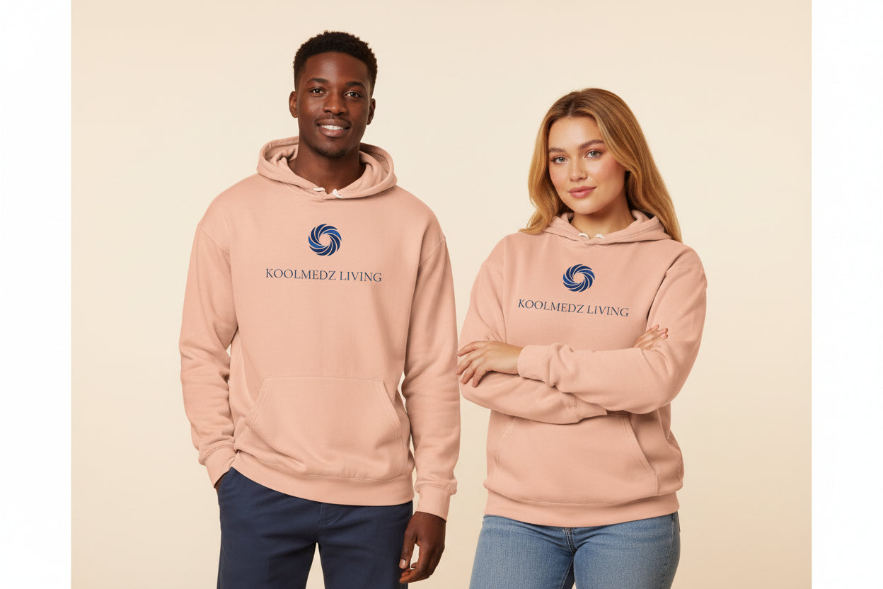 Unisex lightweight hoodie in peach pink with front pouch pocket and hood