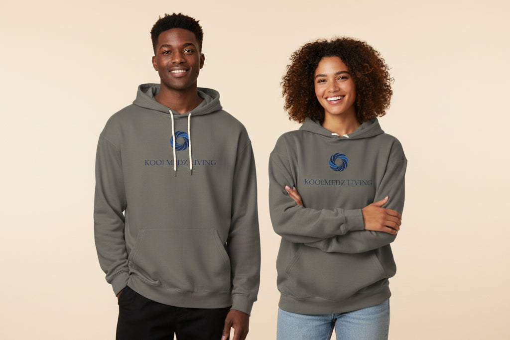 Unisex lightweight hoodie in charcoal gray with front pouch pocket and hood