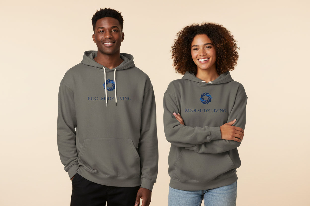 Unisex lightweight hoodie in charcoal gray with front pouch pocket and hood