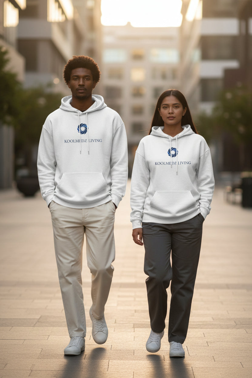 Unisex lightweight hoodie in light grayish white with front pouch pocket and hood