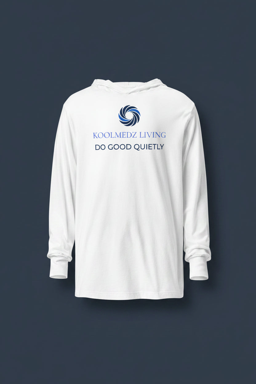 A white long-sleeve hooded sweatshirt with a blue circular logo and the text 'KOOLMEDZ LIVING' and 'DO GOOD QUIETLY' printed on the chest, shown on a plain white background.