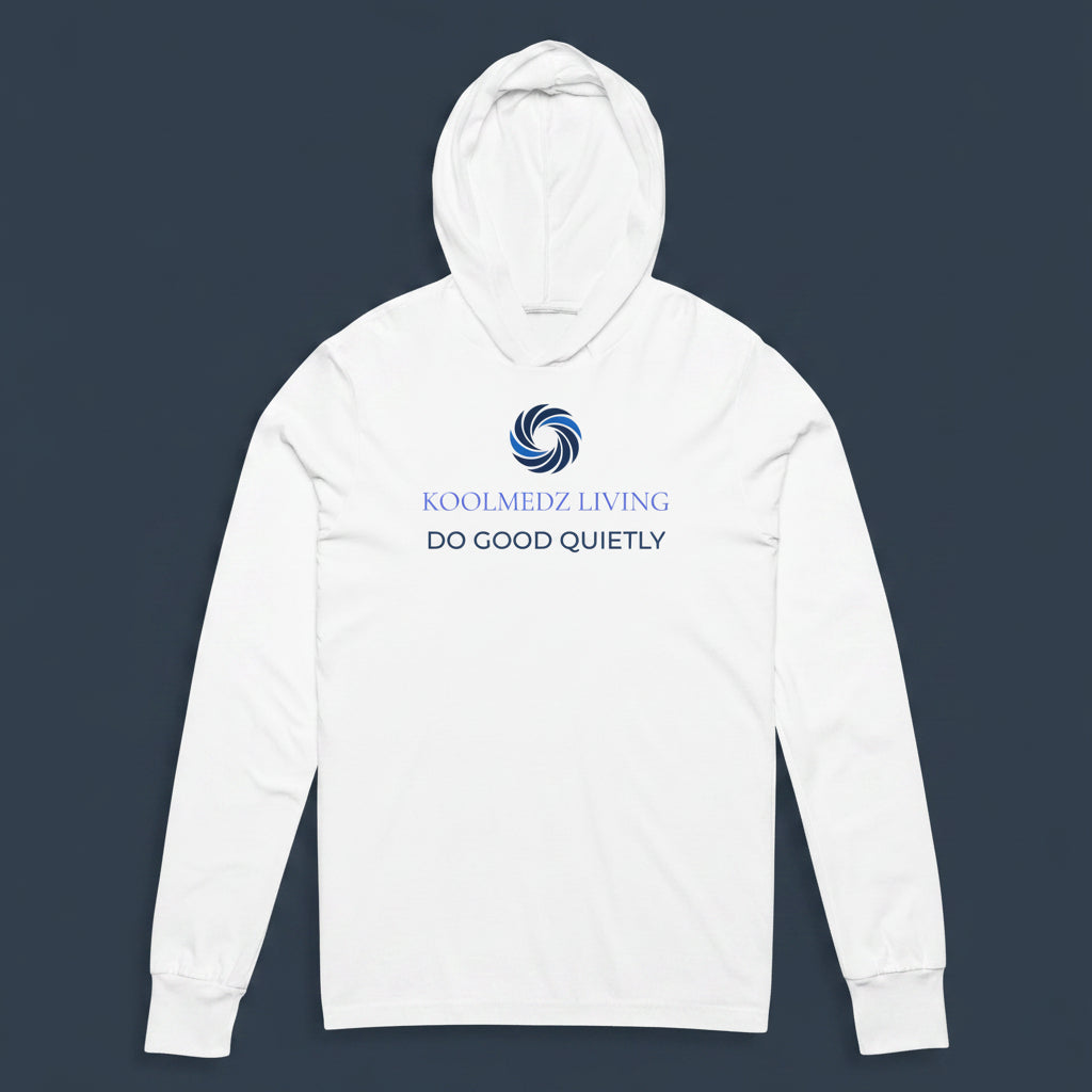 A white long-sleeve hoodie with a blue circular logo and the text 'KOOLMEDZ LIVING' and 'DO GOOD QUIETLY' printed on the chest, displayed on a clean white background.
