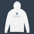 A white long-sleeve hoodie with a blue circular logo and the text 'KOOLMEDZ LIVING' and 'DO GOOD QUIETLY' printed on the chest, displayed on a clean white background.