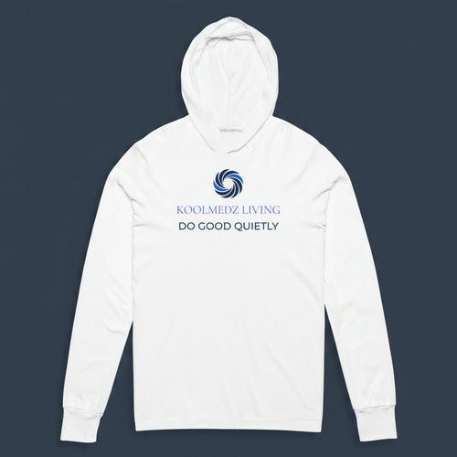 A white long-sleeve hoodie with a blue circular logo and the text 'KOOLMEDZ LIVING' and 'DO GOOD QUIETLY' printed on the chest, displayed on a clean white background.