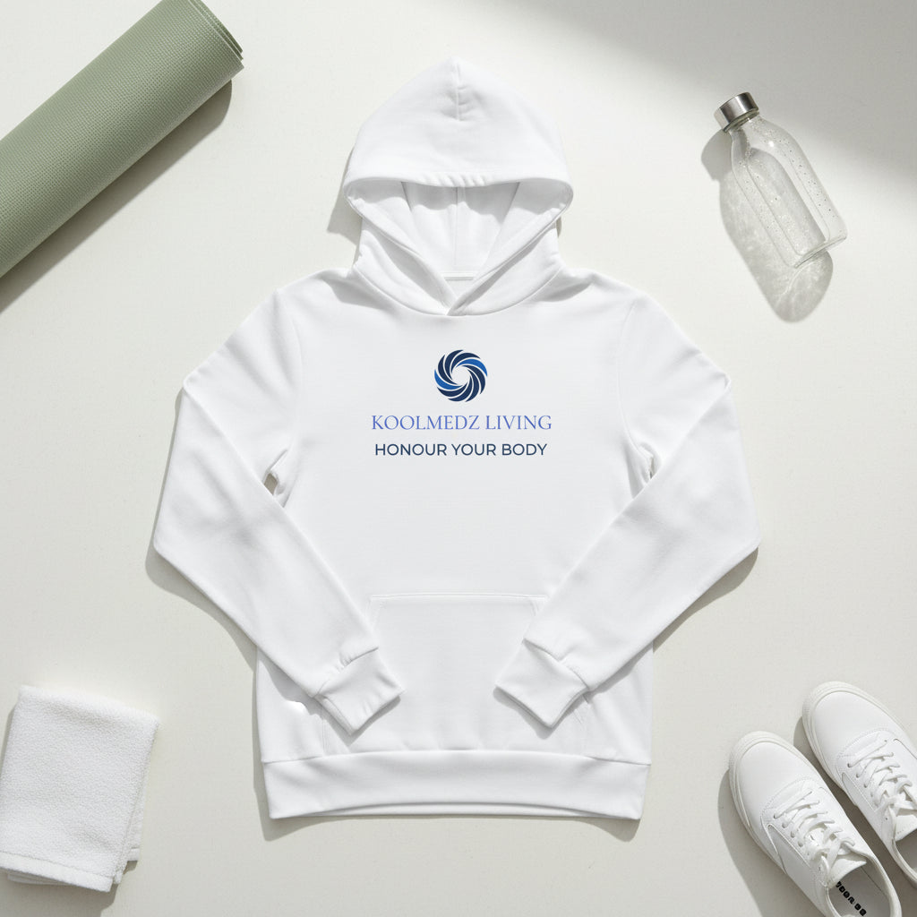 A white long-sleeve hoodie with a blue circular logo and the text 'KOOLMEDZ LIVING' and 'honour your body' printed on the chest, displayed on a clean white background.