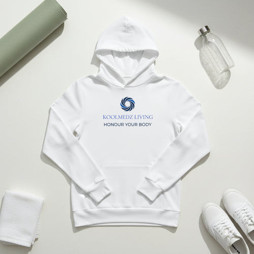 A white long-sleeve hoodie with a blue circular logo and the text 'KOOLMEDZ LIVING' and 'honour your body' printed on the chest, displayed on a clean white background.