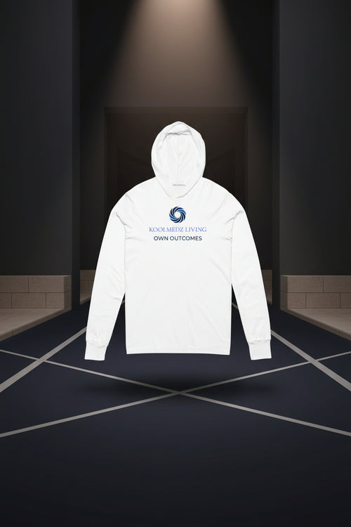 A white long-sleeve hoodie with a blue and black graphic on the chest reading 'KOOLMEDZ LIVING OWN OUTCOMES' with a circular swirl logo, shown on a plain white background.