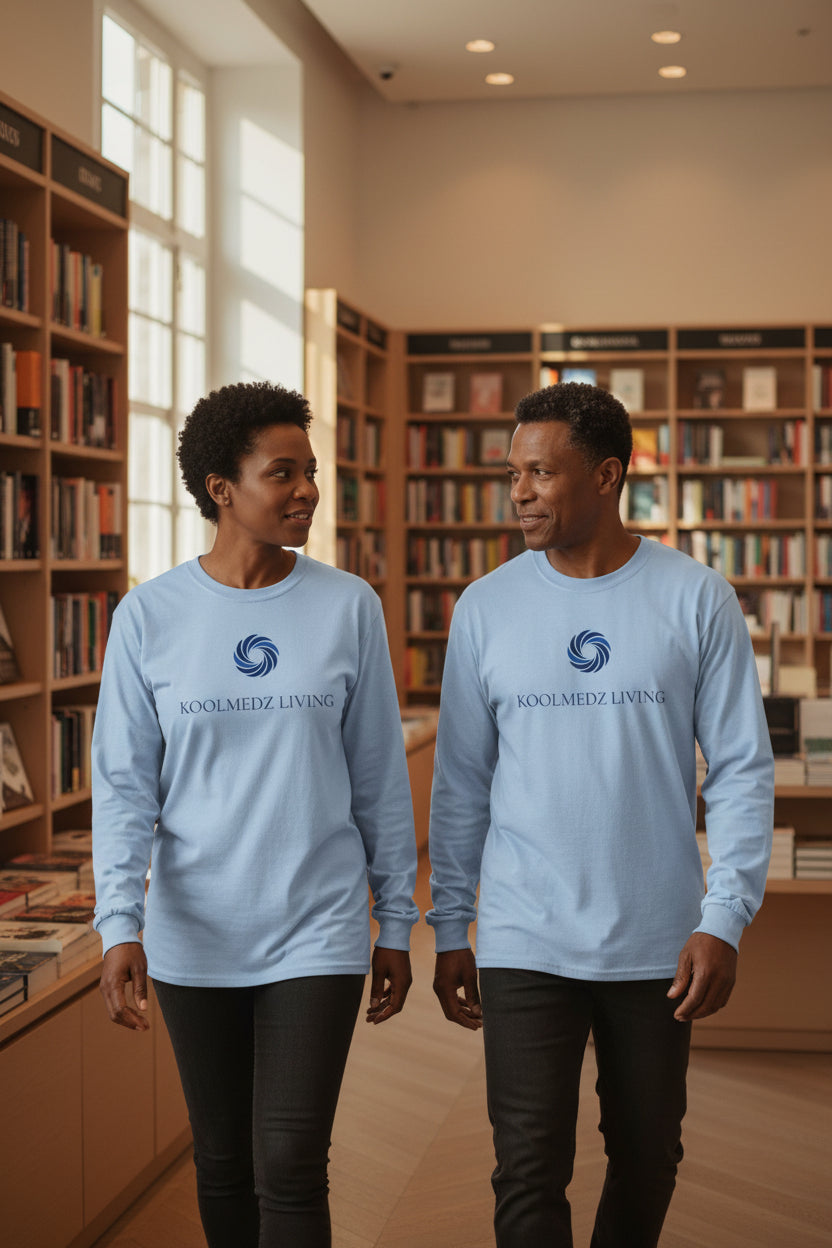 Unisex long sleeve shirt in light blue with blue logo print
