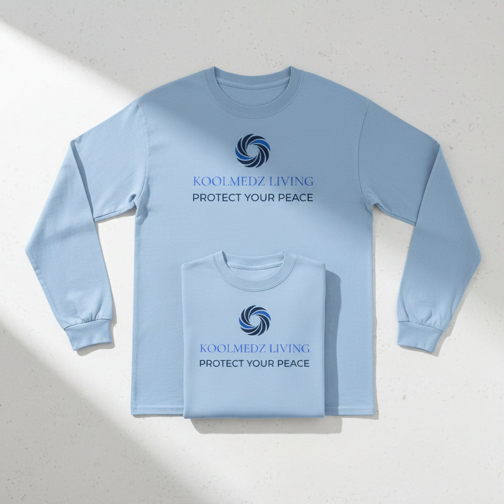 Light blue unisex long sleeve crew-neck shirt with blue peace graphic on front