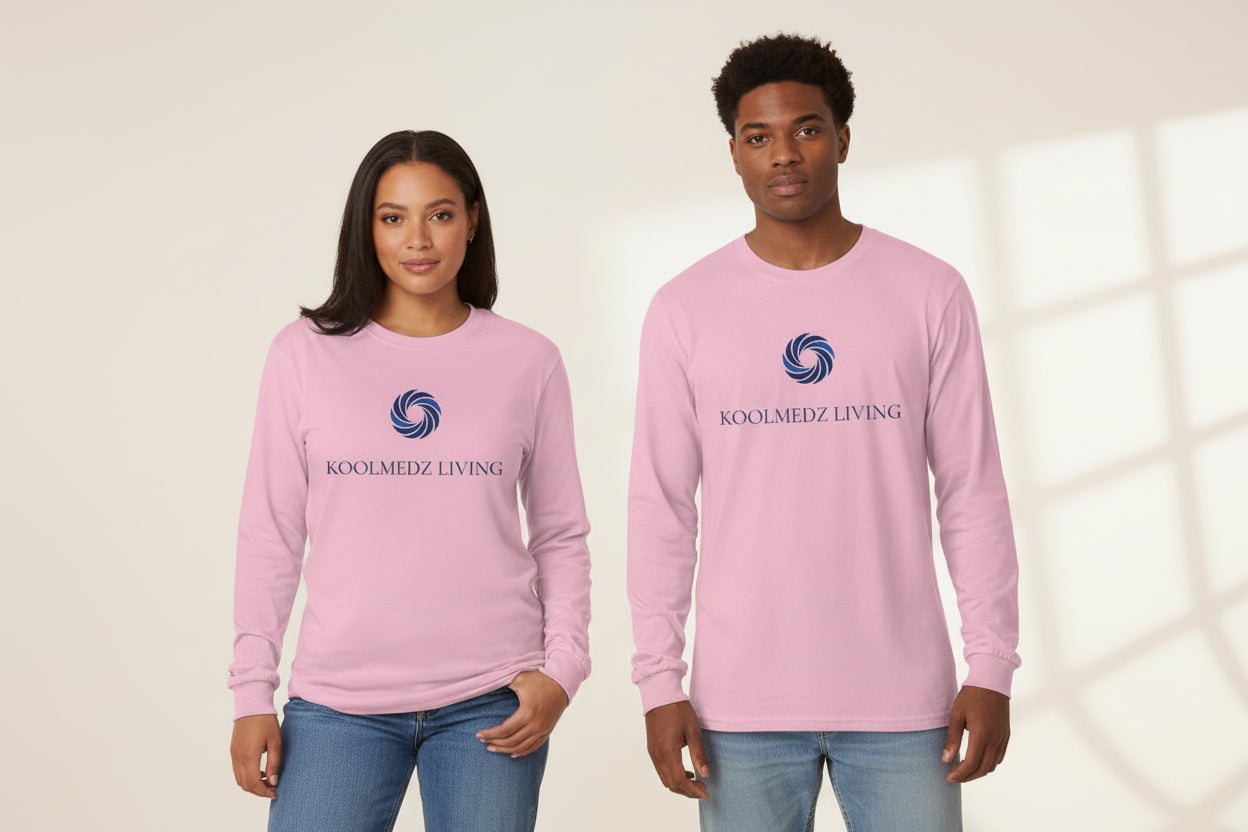 Unisex long sleeve shirt in light pink with blue logo print