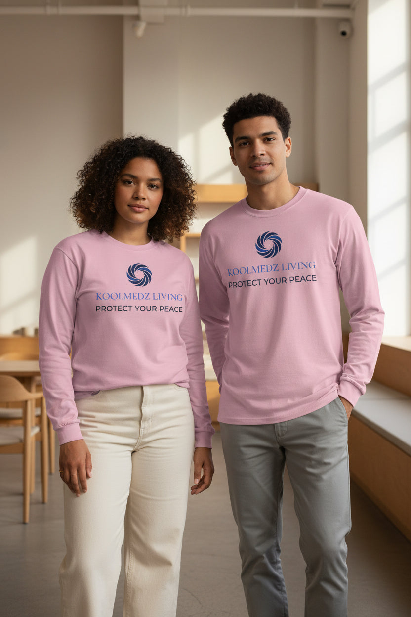 Light pink unisex long sleeve crew-neck shirt with blue peace graphic on front