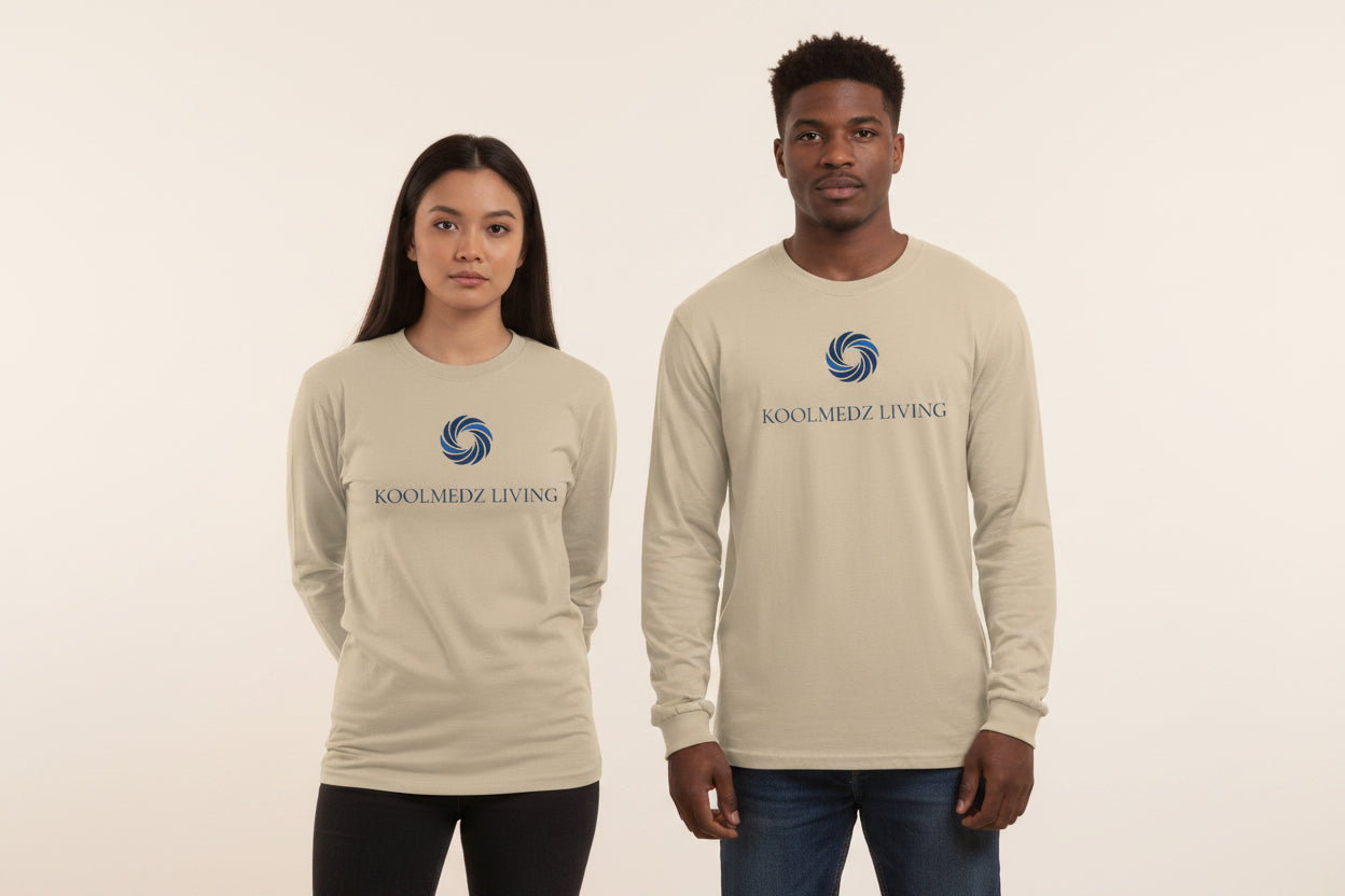 Unisex long sleeve shirt in sand with blue logo print