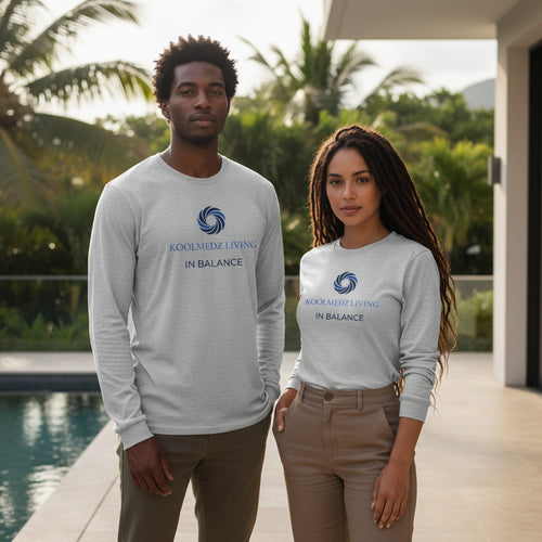 Unisex long sleeve shirt in sport grey with blue logo graphic on chest